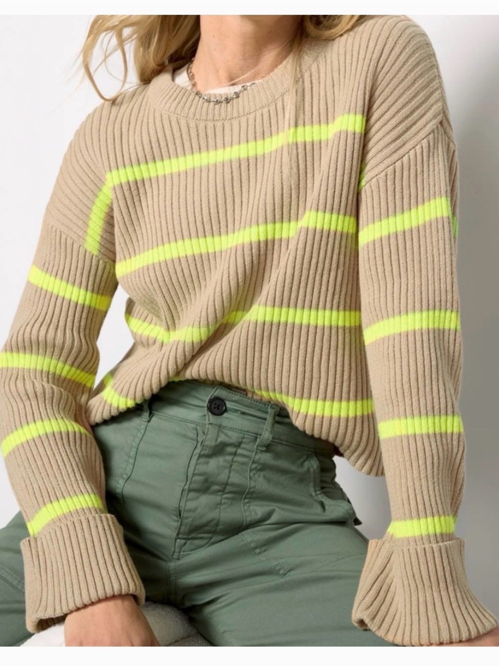 Evereve Beige Ribbed Sweater with Neon Yellow Stripes Like New XS
